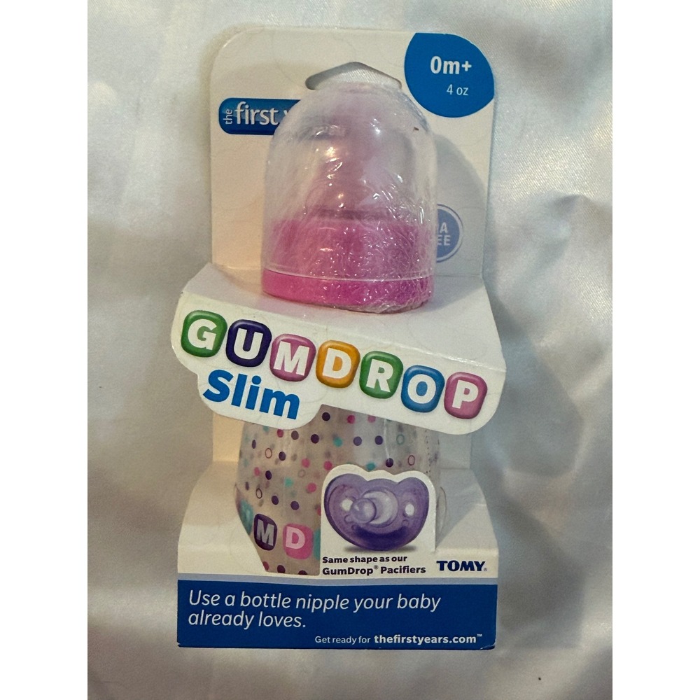 The First Years GumDrop Slim Baby Bottle 4oz Slow Flow Pink Polka Dot Y4902 NEW
